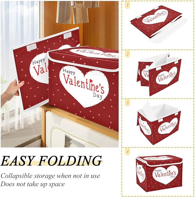 CaTaKu Large Fabric Storage Bins With LidsValentine's Day Hearts Storage Boxes With Handles for Organizing Clothes Collapsible Storage Cube Bins Baskets for Shelves