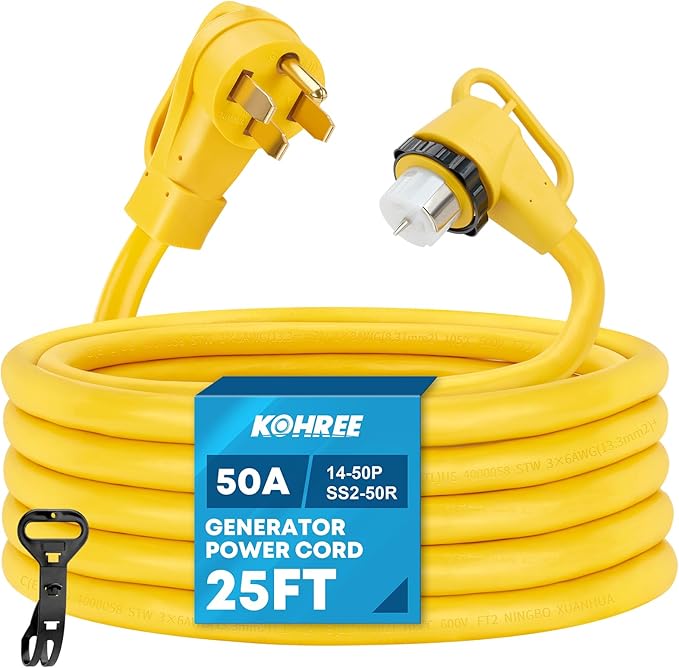 UL Listed 25 Feet 50 Amp Generator Extension Cord NEMA 14-50P Male to SS2-50R 6/3+8/1 AWG 125/250V Heavy Duty Generator Power Cable with Twist Lock Connectors for Generator to House