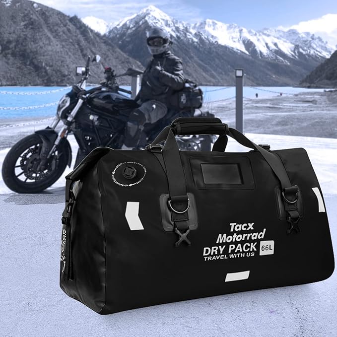 Waterproof Duffel Bag for Men/Women Roll-top Dry Backpack Duffel Bag with Quick-fixed Straps Motorcycle Tail Saddle Bag for Motorcycling Rafting Boating Kayaking Travel 66L-Black