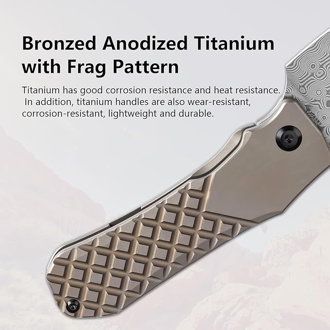 KANSEPT Loki Pocket Folding Knives for Men EDC Camping Folding Knife 2.99'' Damascus Blade Material Pocke Knife with Bronzed Anodized Titanium with Frag Pattern Handle Everyday Carry K1058B5
