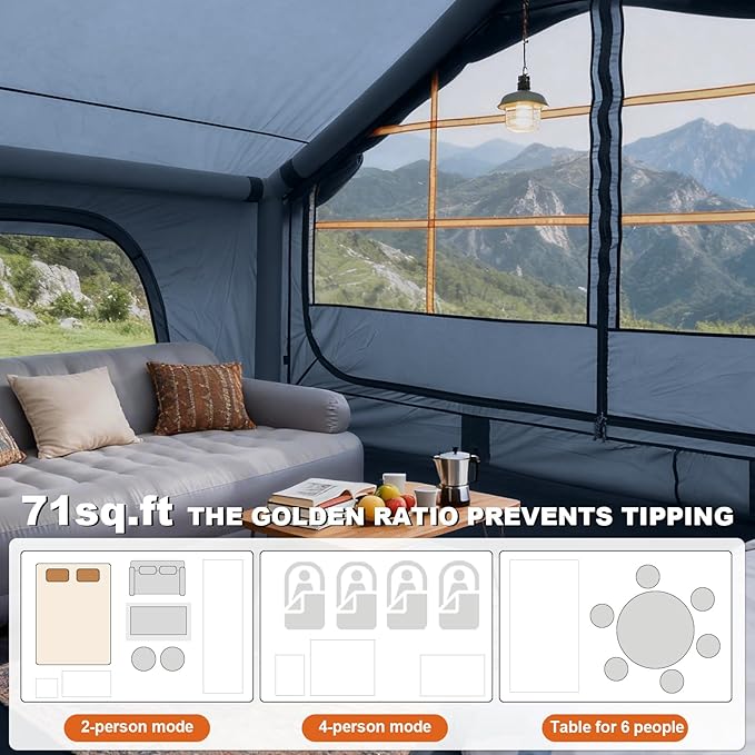 Inflatable Camping Tent2/4/6/8 Person Glamping Inflatable Tents with Awning Quick Setup Blow Up Tents with Pump Waterproof Oxford Inflatable House for Camping Air Glamping Hot Tents for Adult