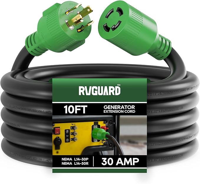 RVGUARD 4 Prong 30 Amp 10 Foot Generator Extension Cord NEMA L14-30P/L14-30R 125/250V Up to 7500W 10 Gauge SJTW Generator Cord ETL Listed