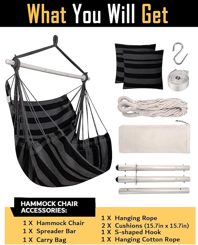 ADVOKAIR Hammock Chair Hanging Chair Swing Large Indoor with Anti-Slip Steel Spread Bar and Pocket-Max 500lbs-2 Cushions Perfect for BedroomOutdoorPatio PorchBackyard…