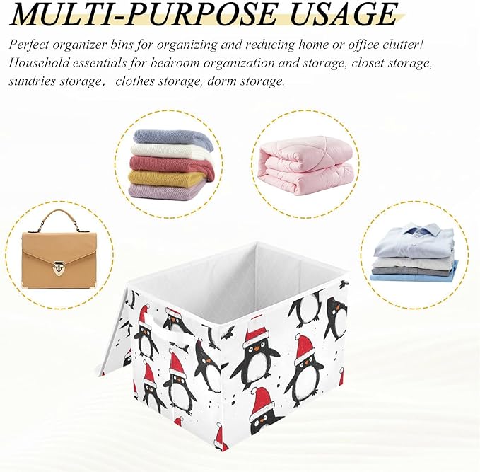 Collapsible Storage Bins with Lids Decorative Fabric Storage Cubes Closet Organizer and Storage Basket Boxes Containers for Clothes Box Chest Nursery Folding Rectangle White Penguin Christmas