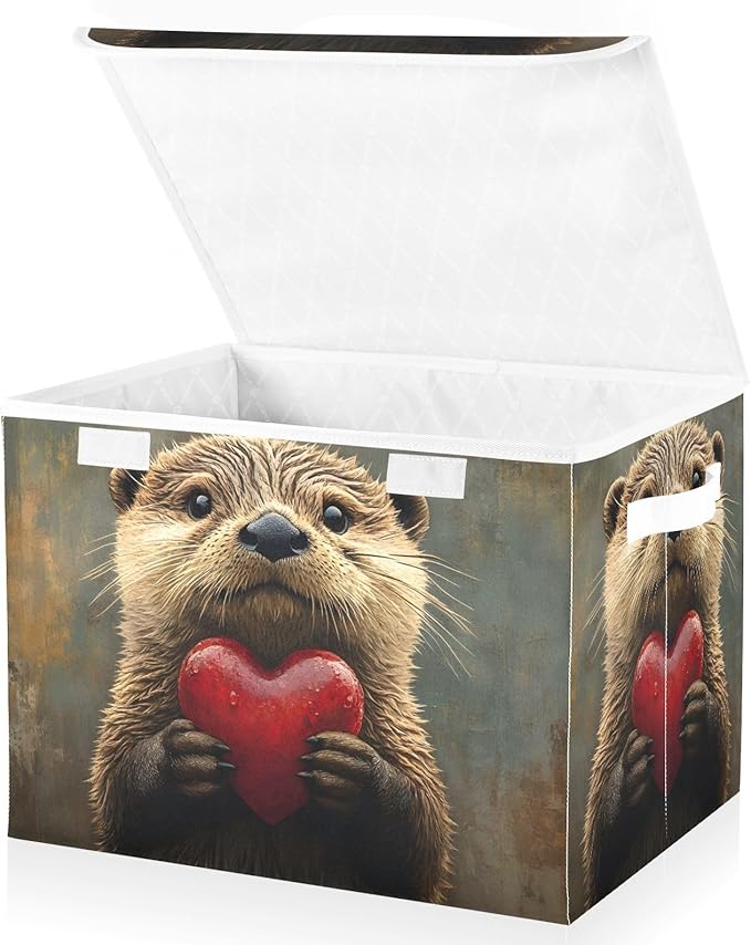 AIXIWAWA Lidded Storage Cube (Otter Love Heart) Fabric Foldable Closet Bins with Flip Lid and Handles Organizer Basket Container 16.5 x 12.6 x 11.8 IN