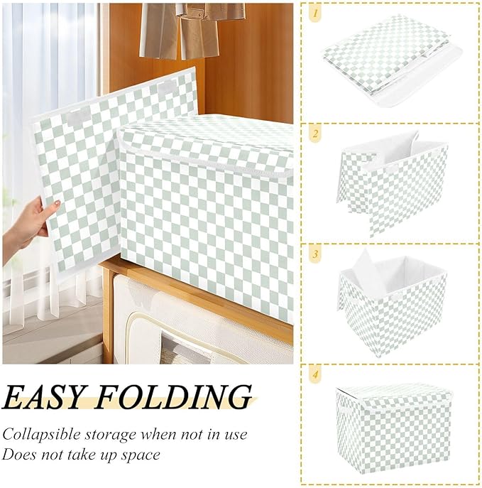 Grey Green Checkerboard Storage Baskets Lidded Bin Foldable Storage Boxes Cubes Lids with 2 Handles for Organizing Closet Home Office