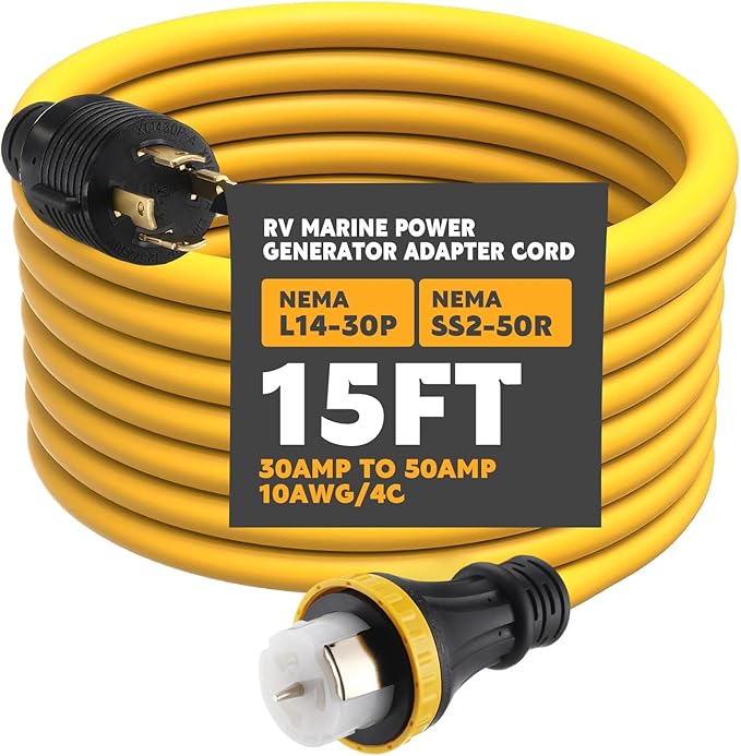 15FT NEMA L14-30P to SS2-50R RV Marine Power Generator Adapter Cord 30A 4 Prong Locking Generator L14-30P Male to 50A Marine Shore Power SS2-50R Female with Locking Ring 125V/250V