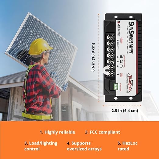 Morningstar SunSaver 15A MPPT Solar Charge Controller SS-MPPT-15L - Solar Panel Regulator Supports 12/24V LA/Li Batteries. Load/Lighting Ctrl HazLoc Rated Low Noise 5 Yr. WTY - Designed in the USA