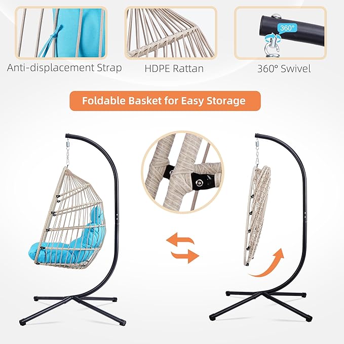 Foldable Hanging Egg Chair with Stand HDPE Rattan and Heavy Duty Aluminum-Steel Frame Outdoor Patio Wicker Swing Egg Chair with Headrest and Cushioned 350 Lbs Capacity (Blue)