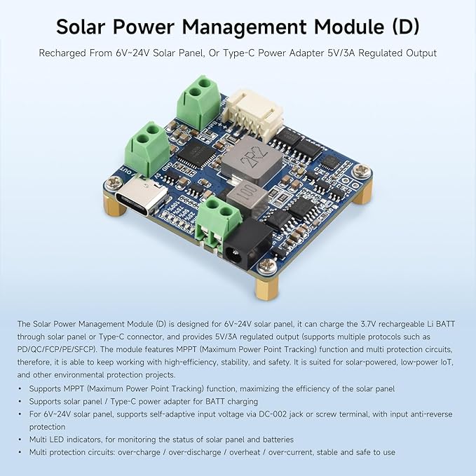 Waveshare Solar Power Manager Module (D) Solar Charge Controller USB Supports 6V~24V Solar Panel and Type-C Power Adapter 5V/3A Regulated Output with Battery Holder (Batteries are Not Included)