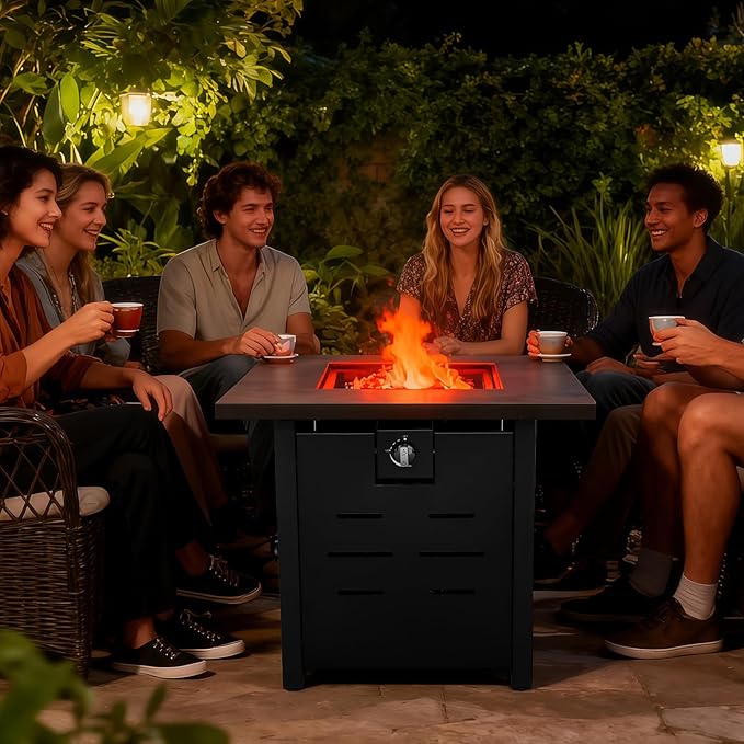 Outdoor Propane Fire Pit 28 Inch Patio Firepit Table with Fire Glass for Outside Parties and Gatherings on Garden Backyard Porch