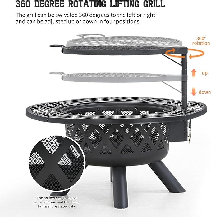 BALI OUTDOORS Fire Pit with Poker 32 inch Outdoor Fire Pit Patio Wood Burning Firepits for Outside with Grill