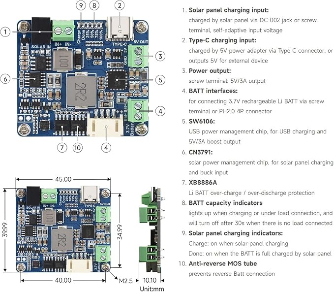 Waveshare Solar Power Manager Module (D) Solar Charge Controller USB Supports 6V~24V Solar Panel and Type-C Power Adapter 5V/3A Regulated Output with Battery Holder (Batteries are Not Included)