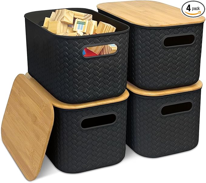 Soddeph 4 Packs Plastic Storage Bins with Bamboo LidsStackable Storage Containers with Lids Storage Baskets for Organizing Desktop Classroom Office (Black)
