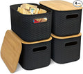 Soddeph 4 Packs Plastic Storage Bins with Bamboo LidsStackable Storage Containers with Lids Storage Baskets for Organizing Desktop Classroom Office (Black)