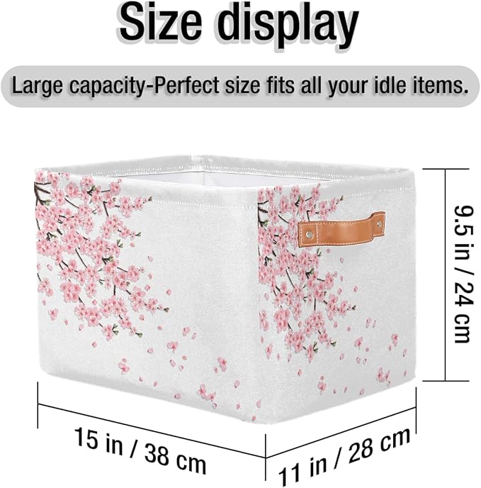 Basket Storage Bins Japanese Cherry Blossoms Rectangle Cube Basket Box Kids Girls Boys Toys Organizer Beaket Decor Foldable with Handle for Living Room Bedroom Closet Nursery Office Shelf Gifts