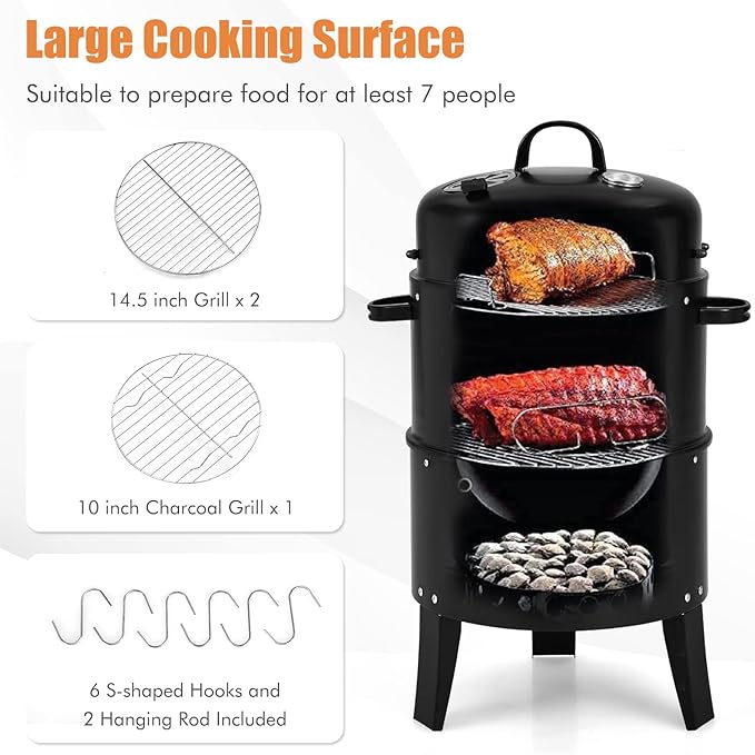 HAPPYGRILL 3-in-1 Charcoal Smoker Grill Outdoor Vertical Charcoal Smoker with Built-in Thermometer &amp Adjustable Vent System 2-Layer Separable BBQ Grills for Camping &amp Family Cooking