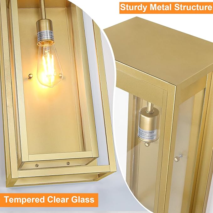 Large Outdoor Wall Sconce 2 Pack 19 Gold Outdoor Light Fixture Exterior Lighting Fixtures Anti-Rust Porch Lights with Clear Glass for Front Door Garage