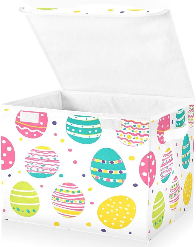 Storage Baskets with Lids Colorful Easter Eggs Collapsible Bins Stackable Fabric Linen Baskets Closet Organizer Container 16.5x12.6x11.8