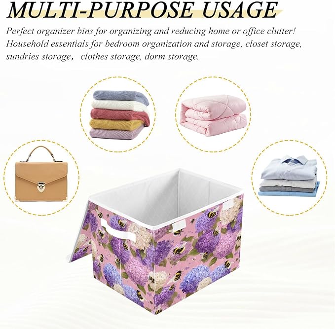Storage Bins With Lid Stackable Fabric Closet Organizer Clothing Storage Large Boxes For Closet Shelves Bedroom Purple Bees and Hydrangeas