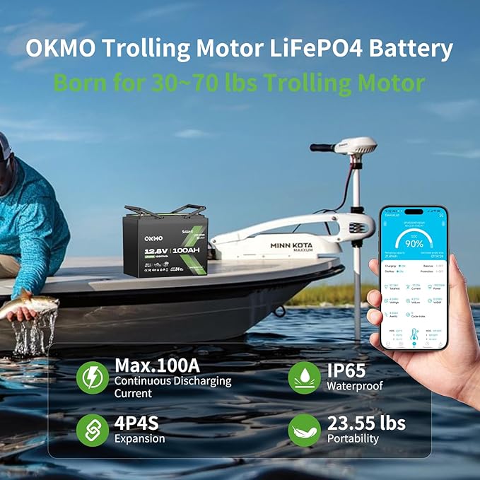 12V 100Ah LiFePO4 Battery with Bluetooth BCI Group 24 Built-in 100A BMS 1280Wh Rechargeable Deep Cycle Lithium Battery 15000+ Cycles for RV Marine Solar Trolling Motor Home Off-Grid