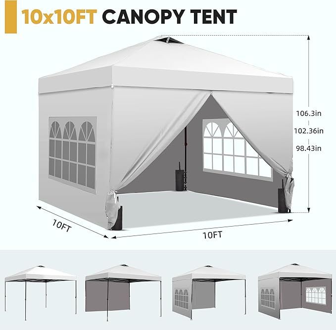 GDY 10x10 Pop Up Canopy Tent with 4 Sidewalls Easy Set up with One Push Lift Outdoor Silver Coated Beach Gazebos Carpas with 4 Sandbags for Events PartiesCamping White.