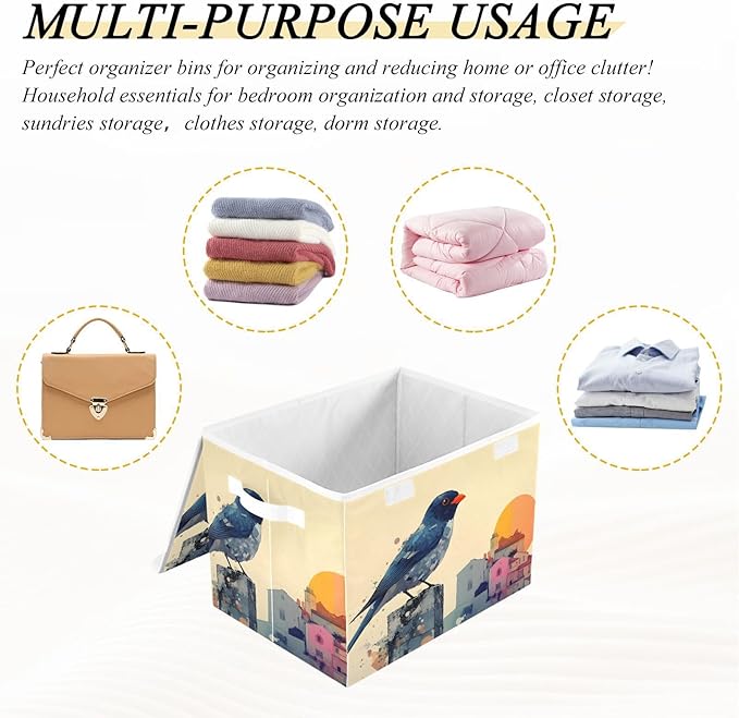 AIXIWAWA Lidded Storage Cube (Bird Artwork) Fabric Foldable Closet Bins with Flip Lid and Handles Organizer Basket Container 16.5 x 12.6 x 11.8 IN