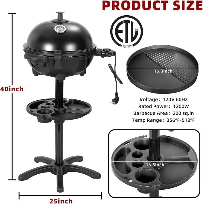 Electric Grill Outdoor/IndoorPortable BBQ Grill with Nonstick Surface200 Square Inches Indoor Electric Barburcue Grill with Adjustable HeatStand/Tabletopfor Patio/Yard/Home(Black)