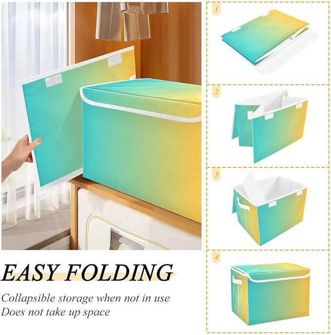 Turquoise Yellow Gradient Storage Container with Lid Collapsible Blanket Storage Clothing Storage Containers for Home
