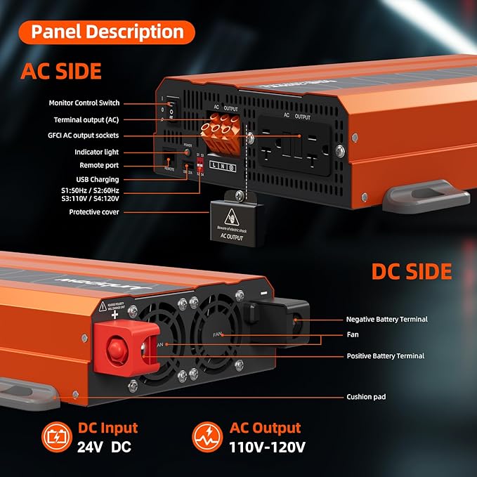 2080W Pure Sine Wave Inverter 24V to 110V Ultra Quiet Game-Changing Design | 24V to 120 Converter for Home RV Camping Off-Grid &amp Outdoor Adventures丨DC to AC (LGE-24-2080TI)