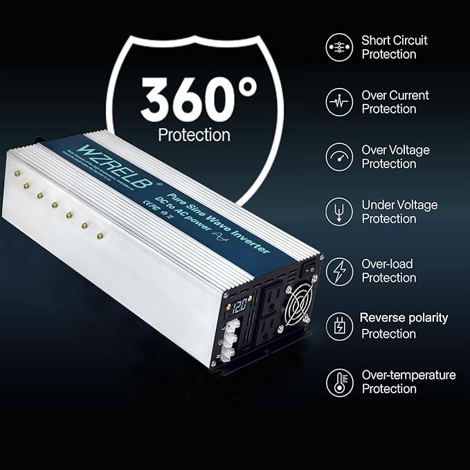 WZRELB 4000W Pure Sine Wave Inverter Car Power Inverter 24V DC to 110V 120V AC Converter for RV Truck Solar Outdoor with Dual AC Outlets Hardwire Port Surge 8000W LED DisplayOff-Grid