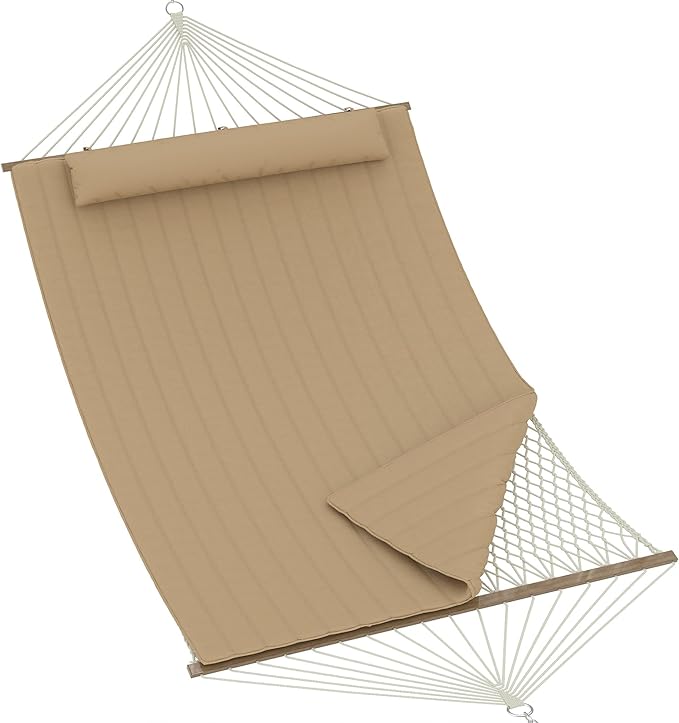 2 Person 12FT Hammocks for Outside Double Quilted Fabric Outdoor Hammock with Spreader Bar Large Removable Pillow Storage Pockets Carabiners Max 450 Lbs Capacity