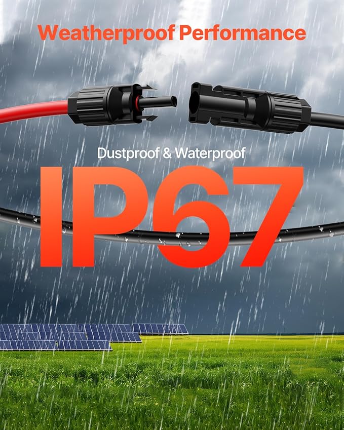 VEVOR 100FT Solar Panel Wire 10AWG Tinned Copper PV Cable 6mm² IP67 Waterproof XLPE Insulation Outdoor Extension Cord for RV Boat Home Solar Black