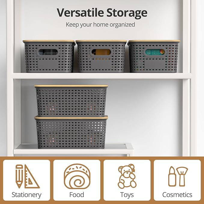 Plastic Storage Baskets with Bamboo Lids Stackable Small Box Bins for Organizing and Containers for Shelves Drawers Desktop Closet Pantry Classroom Office Home 6 Pack 10.2x7.2x4.1 Inch Gray