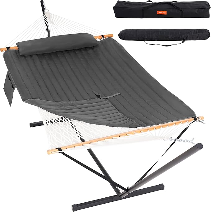 Lazy Daze Hammocks 2 Person Portable Hammock with 12FT Stand Double Hand Woven Cotton Rope Hammock with Detachable Quilted Pad &amp Pillow for Outside 450lb Capacity Grey