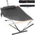 Lazy Daze Hammocks 2 Person Portable Hammock with 12FT Stand Double Hand Woven Cotton Rope Hammock with Detachable Quilted Pad &amp Pillow for Outside 450lb Capacity Grey