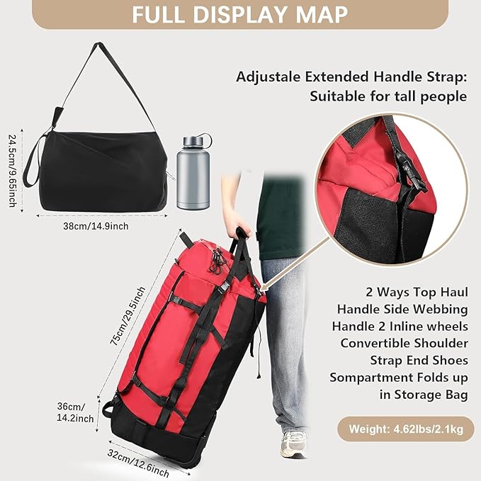 Rolling Duffle Bag with Wheels86L 30”Carry on Luggage with WheelsFolding Travel BagDuffle Backpack with Separate Shoe Compartment (red)