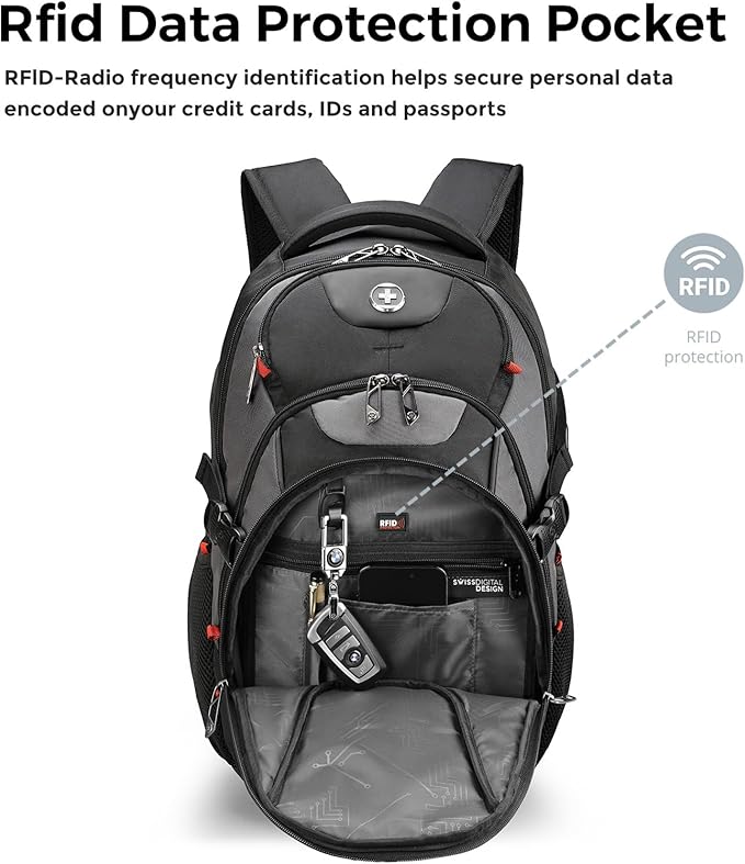 Swissdigital Design Laptop Backpack with USB Charging Port Travel Backpack Fits 15.6 inches Computer 31L College School Backpack for Men Black/Grey | SD803-02