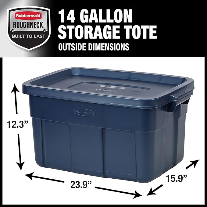 Rubbermaid Roughneck Tote 14 Gal 6 Pack Made in USA Dark Indigo Metallic Rugged Plastic Stackable Storage Bins with Lids and Handles