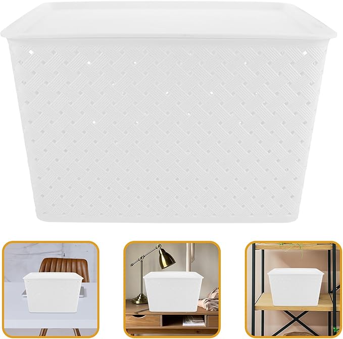 Unomor Plastic Storage Bins Large Woven Plastic Organizer with Handle and Lid Multi-purpose Storage Basket for Pantry Closet Office Classroom and Playroom Organization