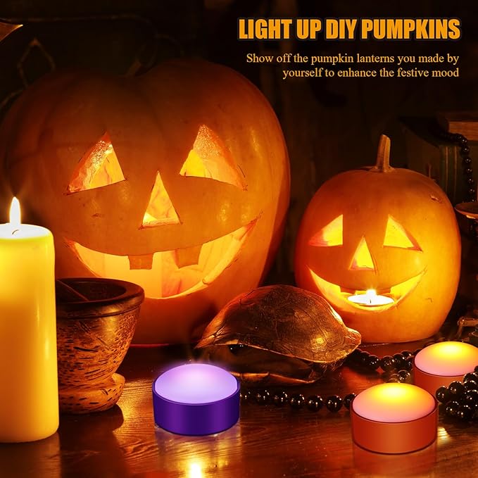 Riakrum 6 Pieces Remote Timer LED Lights with Remote LED Pumpkin Lights Battery Operated Lantern Bright Flameless Candle(Orange Purple)