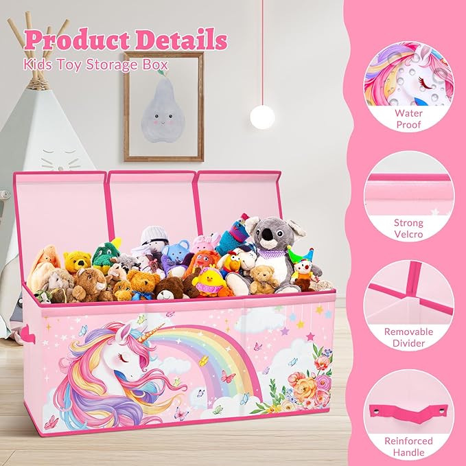 decalsweet Kids Toy Box Storage Chest Collapsible Storage Bin with Lids Handles for Boys Girls Toddler Large Kids Toy Organizer Box for Kidsroom Bedroom Playroom Nursery37.7x12.5x15.7