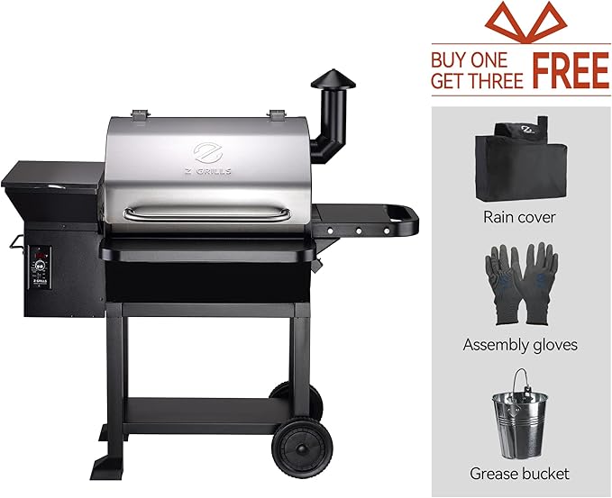 Z GRILLS Wood Pellet Grill 8 in 1 BBQ Smoker with Foldable Front Shelf Ash Cleanout System Rain Cover 1056 sq.in Cooking Area for Outdoor BBQ 10002E