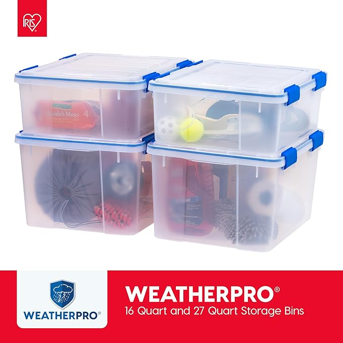 IRIS USA WeatherPro 16 Qt Storage Bins with Lids 3 Pack BPA-Free Plastic Gasket Box with Tight Latch and Seal Stackable Nestable Tote Tub - Clear/Blue
