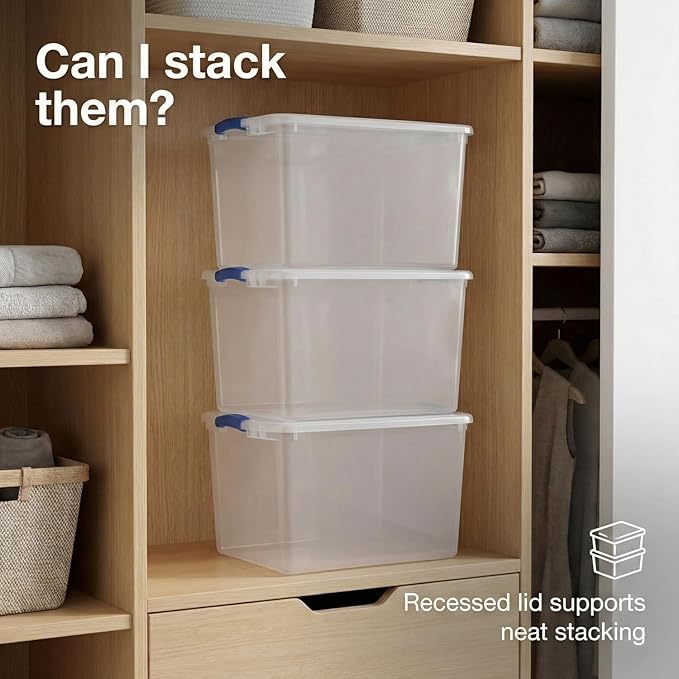 66 Quart Clear Latching Storage Bin with Lid Stackable Plastic Tote for Closet Bedroom Dorm &amp Craft Room Storage 24 x 16 x 13 7/8 in Blue Latches (2 Pack)