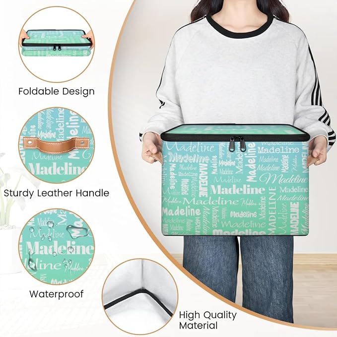 Custom Storage Basket with Name Personalized Keepsake Box with Zipper Lid Foldable Fabric Memory Bin Large capacity with Handle Bright Green Blue