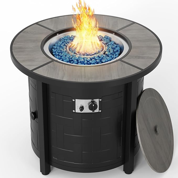 TLGREEN Propane Fire Pit Table 30 Inch Round – 50000 BTU Outdoor Fire Pit with Lid Converts to Patio Coffee Table Certified Includes Waterproof Cover &amp Blue Fire Glass(Grey)