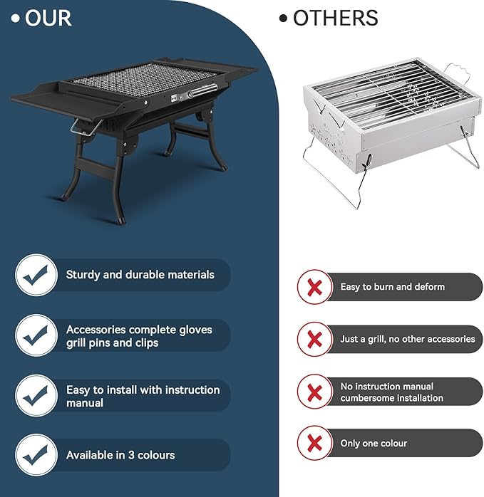 Portable Charcoal Grill Foldable Grills BBQ Grill Charcoal Small Grill for Travel Camping Outdoor Cooking Backyard Hiking Patio Garden Picnics Black