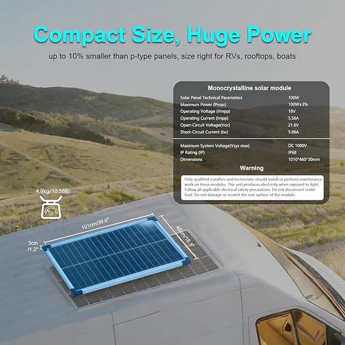 18BB 100 Watt Solar Panel N-Type 18V 100W Solar Panel 25% High Efficiency Monocrystalline PV Modules IP68 Waterproof for RV Marine Rooftop Farm Trailer Home Off-Grid System