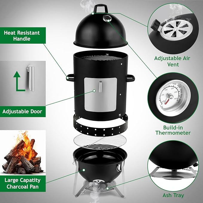 46.8 Vertical Steel Charcoal Smoker GrillHeavy Duty BBQ GrillsOutdoor Camping Backyard Barbecue GrillMetal Barbecue Smokerswith Thermometerfor Patio Garden Beach Porch Lawn Yard (Black)